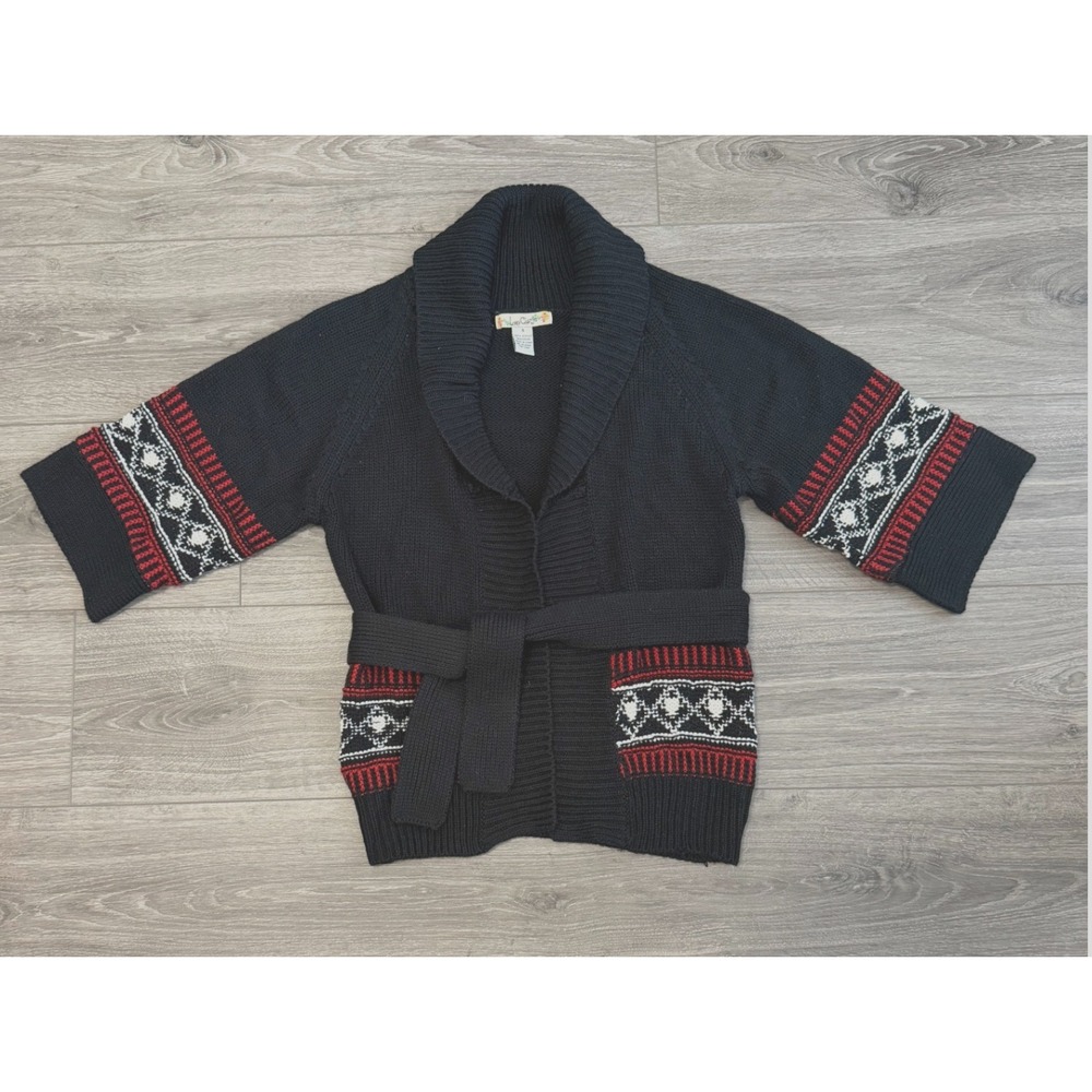 Love Change Cardigan Sweater Womens S Black Aztec Print Open‎ Front Belted